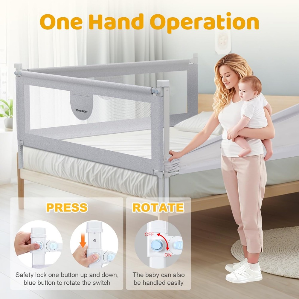 omzer Bed Rail for Toddlers - 3 Sides Safety Baby Bed Rail Guard with Child Lock, Infants Height Adjustment King Size Bed Guard