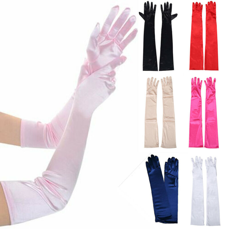 Guantes formales para fiesta de noche para mujer, manoplas largas de satén de Color sólido para actividades y eventos, Color rojo, blanco y rosa, 2024