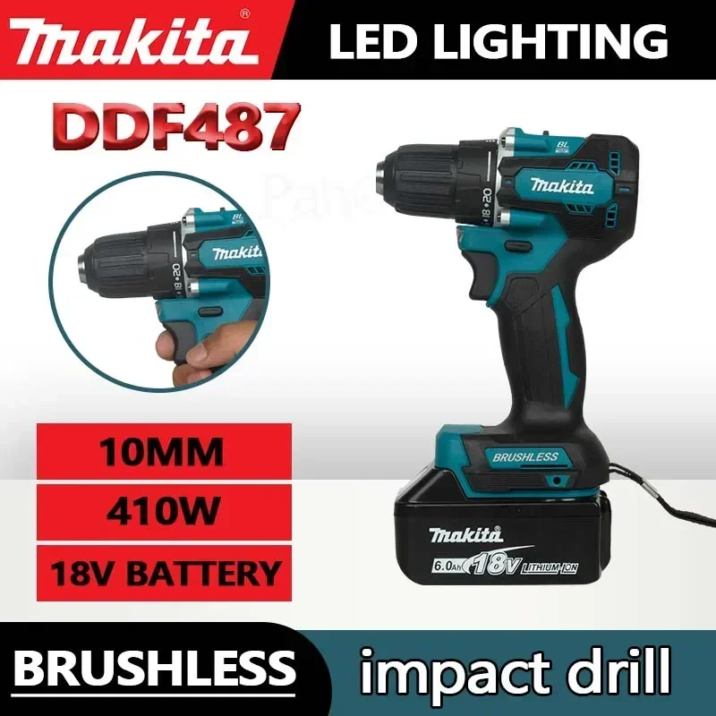 มากีต้า DDF487 สว่านกระแทกไร้แปรงถ่าน 10 มม. 18V แบตเตอรี่ลิเธียมแบบชาร์จได้, สว่านมือสำหรับใช้ในบ้าน, ไขควงไฟฟ้าแรงบิดสูง