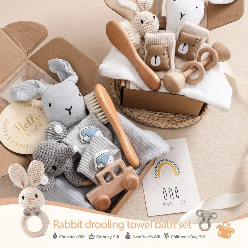 เด็กไม้โครเชต์ Rattle แปรงสร้อยข้อมือผ้าเช็ดตัวผ้าฝ้ายสองด้านผ้าห่มทารกแรกเกิดชุดของขวัญกล่องสําหรับของขวัญอาบน้ําเด็ก