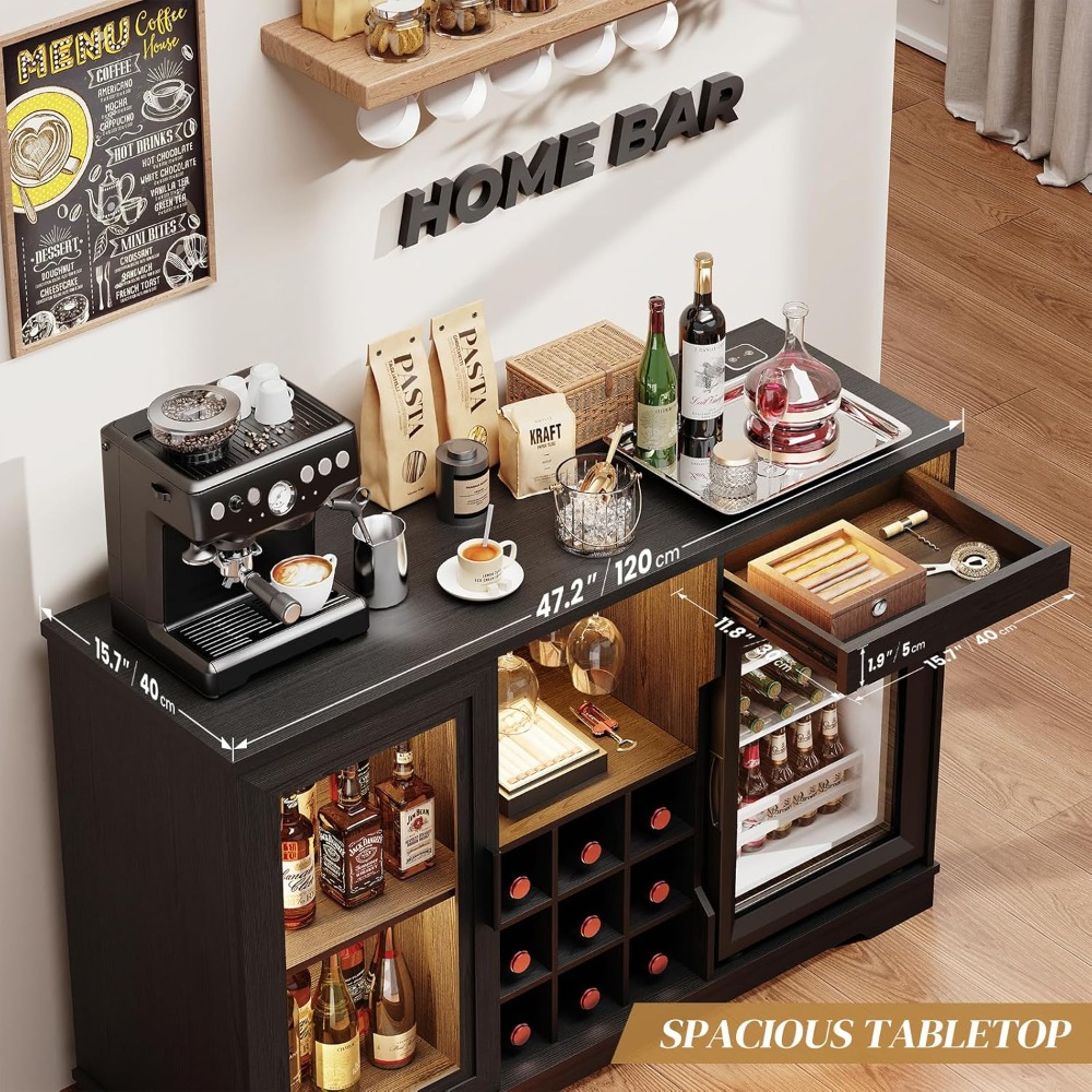 Wine Bar Cabinet with Fridge (Included), Liquor Coffee Cabinet with LED Lights & Rack, Mini Fridge Cabinet with Storage