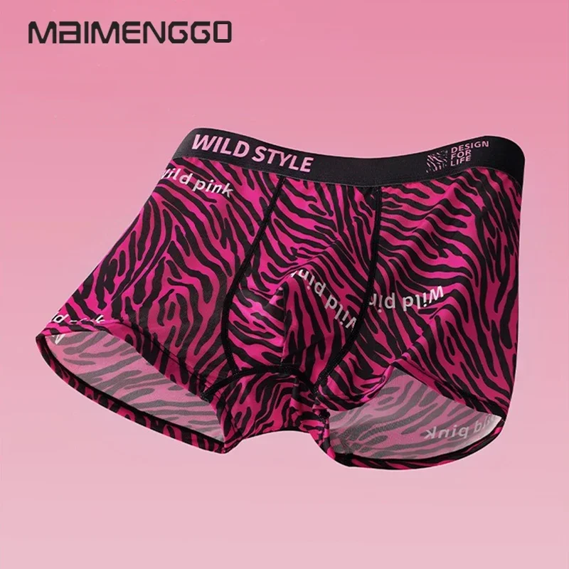 MAIMENG-ropa interior Sexy con estampado de leopardo para hombre, bragas de seda helada, cómodas esquinas planas, antibacterianas, Bóxer corto a la moda