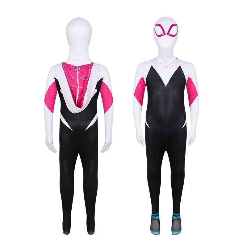 성인 어린이를위한 Gwen Stacy 코스프레 바디 슈트 의상 할로윈 Zentai 3D Spider Gwen with Mask Jumpsuit
