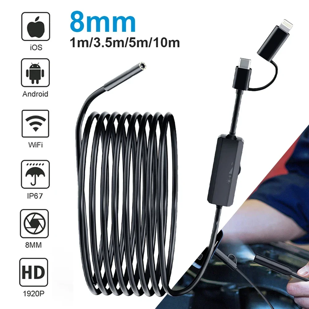 Endoscoop Camera Met Licht 1920P 8Mm Slanke Borescope Dimbare 8led Inspectie Camera Voor Iphone Android Waterdichte Slangencamera
