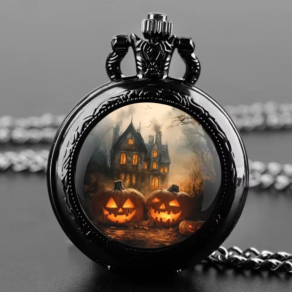 Exquisites gruseliges Kürbisschloss-Design im Vintage-Stil – kompakte Uhr mit Quarzwerk und Kette, perfektes Halloween-Geschenk für Kinder und Männer