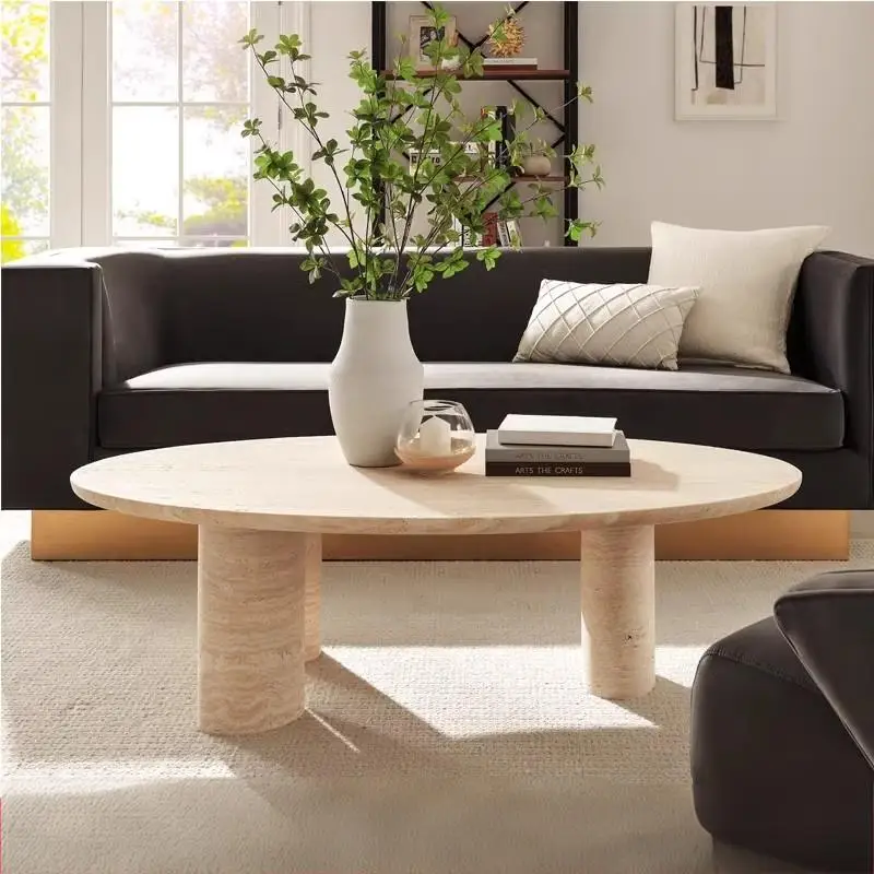 "Mesa de centro de travertino de designer – Mesa central oval Wabi Sabi, móveis de sala de estar de pedra natural personalizados"