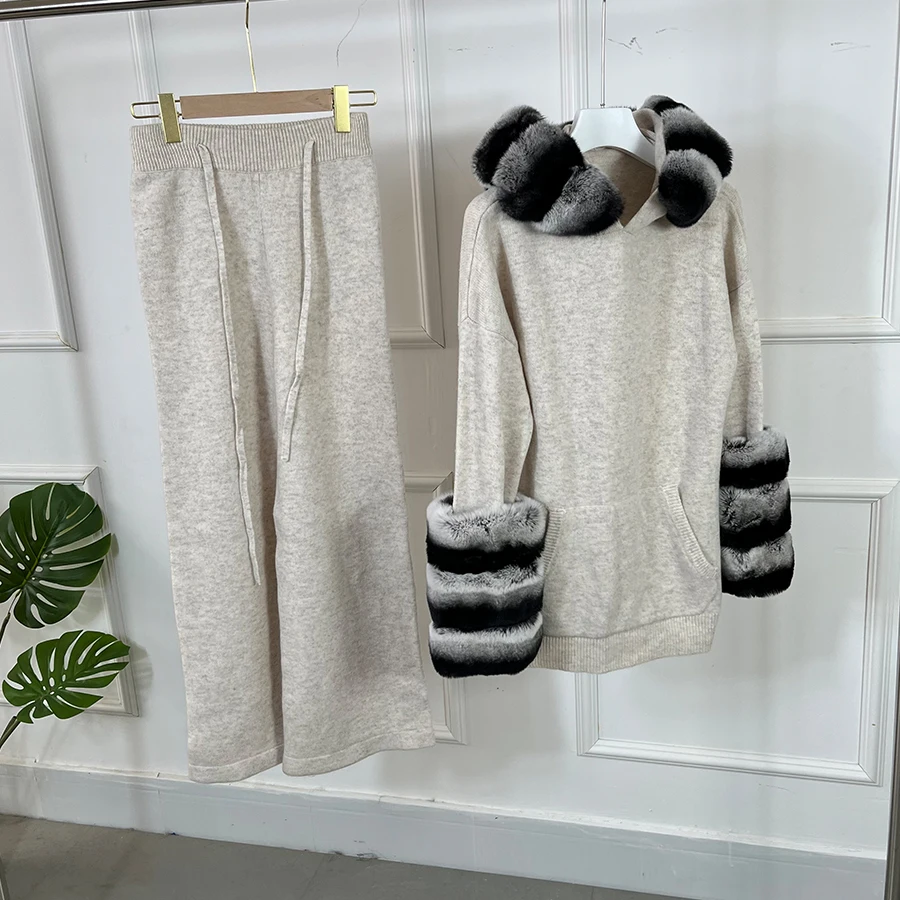 Frauen Wintermantel Kaschmir Frauen Chinchilla Kaninchenfell Manschette Pullover Wolle Echtpelz Manschette Strickjacke Beste