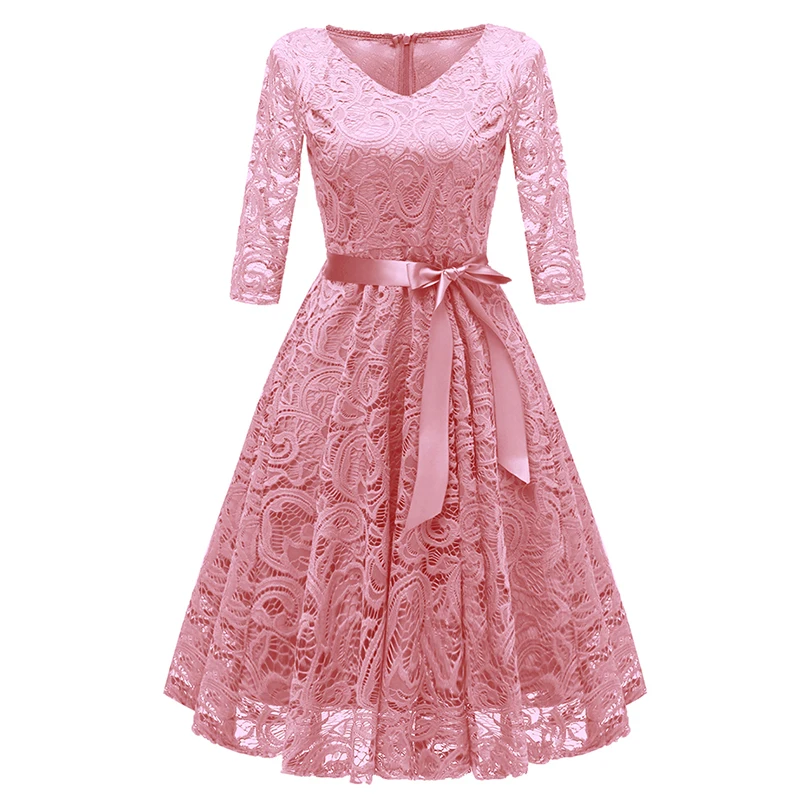 ผู้หญิงใหม่หวานลูกไม้ V คอสามไตรมาสแขนเสื้อ Midi ชุดราตรี Plus ขนาด Robes Soirees Multicolor Party ชุดอย่างเป็นทางการ