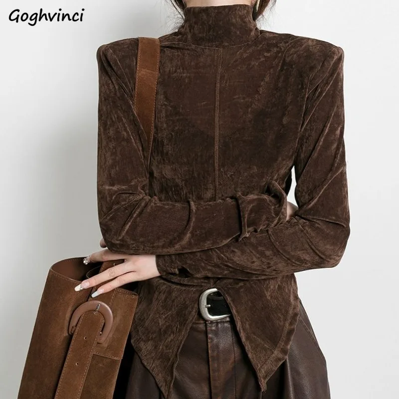 Turtleneck Tshirts Women Front Side-slit Solid Color Soft Female Long Sleeve Tops Leisure Tees Autumn All-match Irregular Slim