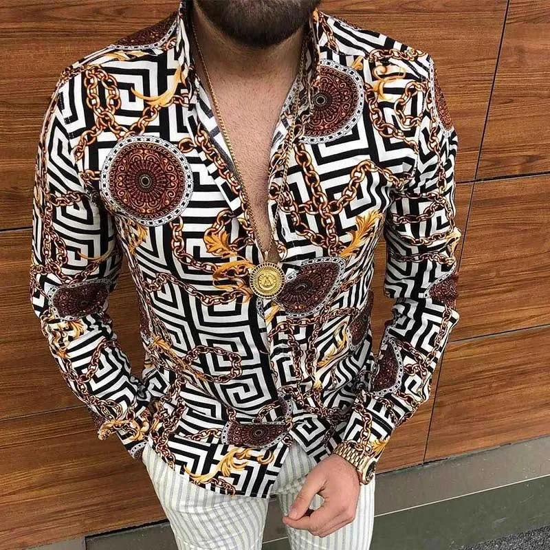 Mode männer Revers Button Up Hemd Casual Design Gedruckt Langarm Tops Straße männer Übergroße Lose Langarm Shirts 2024