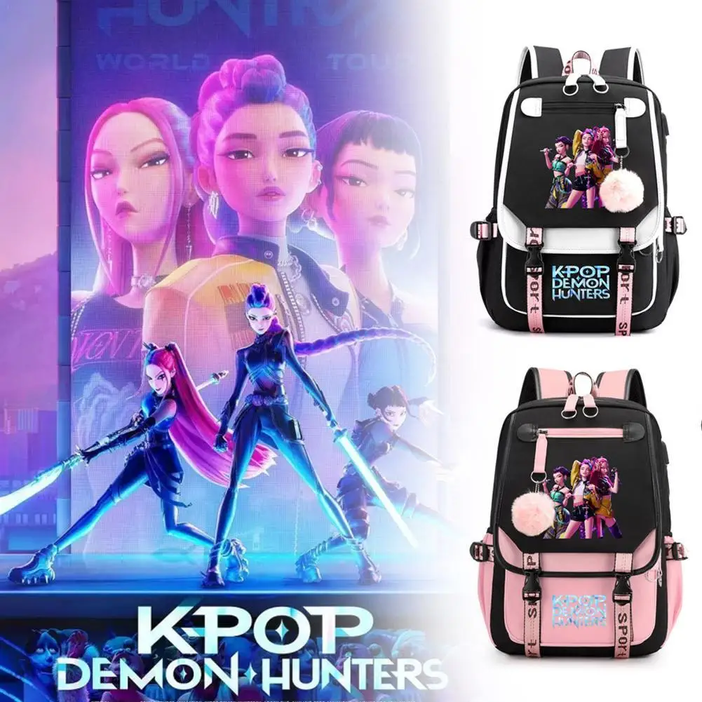 Mochila KPop Demon Hunters, mochila diaria para adolescentes, película novedosa Huntrix Demon Hunters 2025, bolsa con puerto USB para ordenador portátil para niña y niño