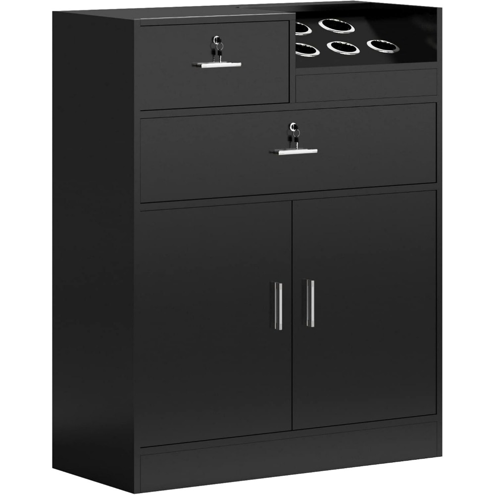Salon Storage Station Cabinet Locking Drawer, Beauty Barber Salon Styling Station, 5 Hair Dryer Holders,Two Drawers, One Cabinet