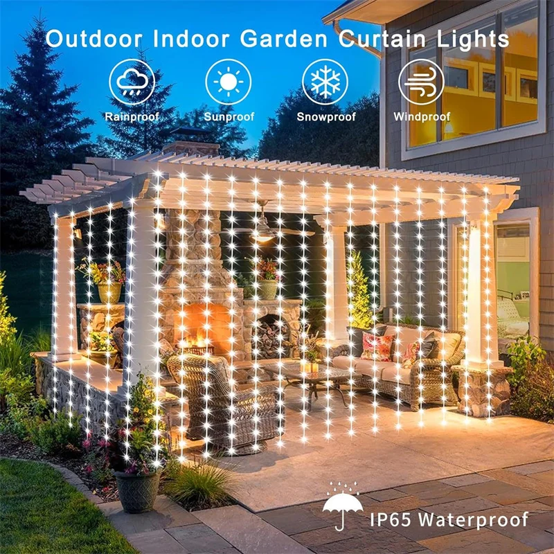 Solar-Vorhang-Licht für den Außenbereich, wasserdicht, Solar-Fee-Girlande, Lichterkette für Garten, Hof, Pavillon, Hochzeit, Party, Urlaubsdekoration