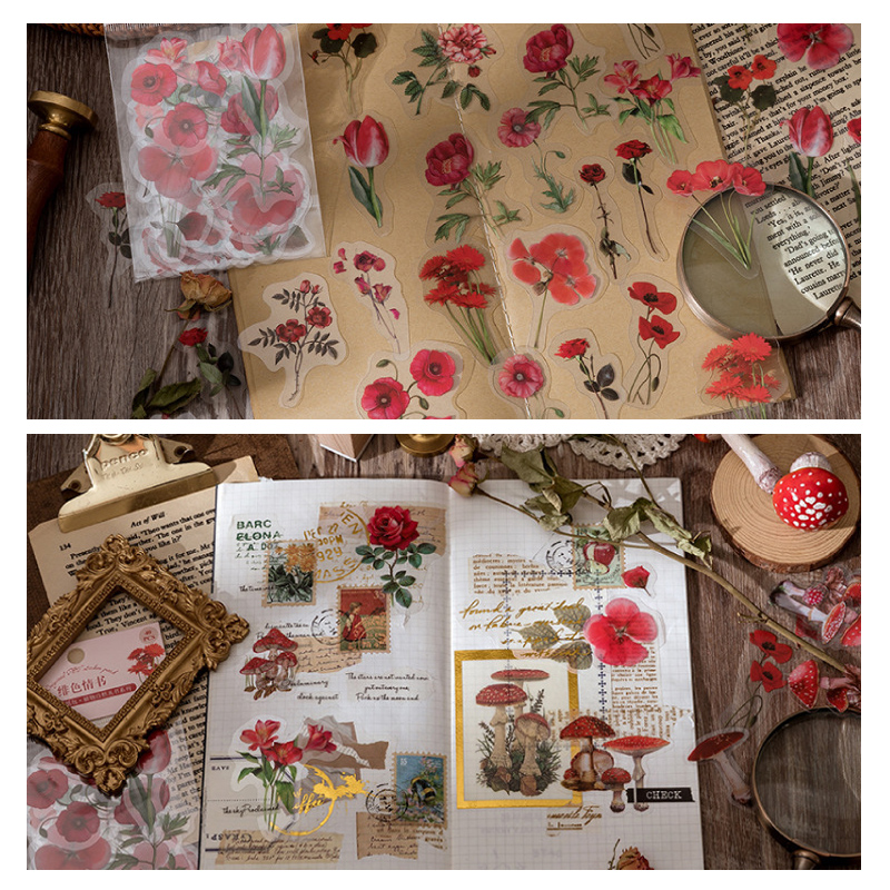 40 ピース/パックカラフルな花レトロアートハンドブック日記 DIY 装飾 PET ステッカーアルバムノートブック女の子装飾用品