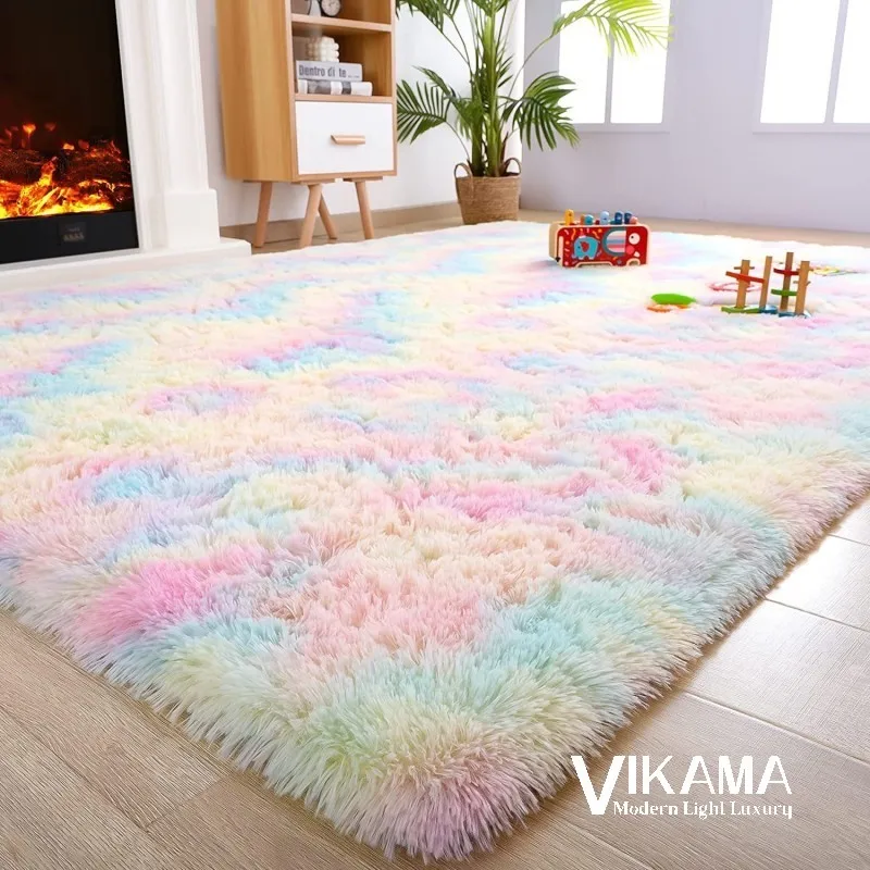 VIKAMA Tie-Dye Gradient Fuzzyพรมนุ่มสบายห้องนั่งเล่นสาวน่ารักเด็กห้องนอนเตียงขนาดใหญ่ชั้นMat