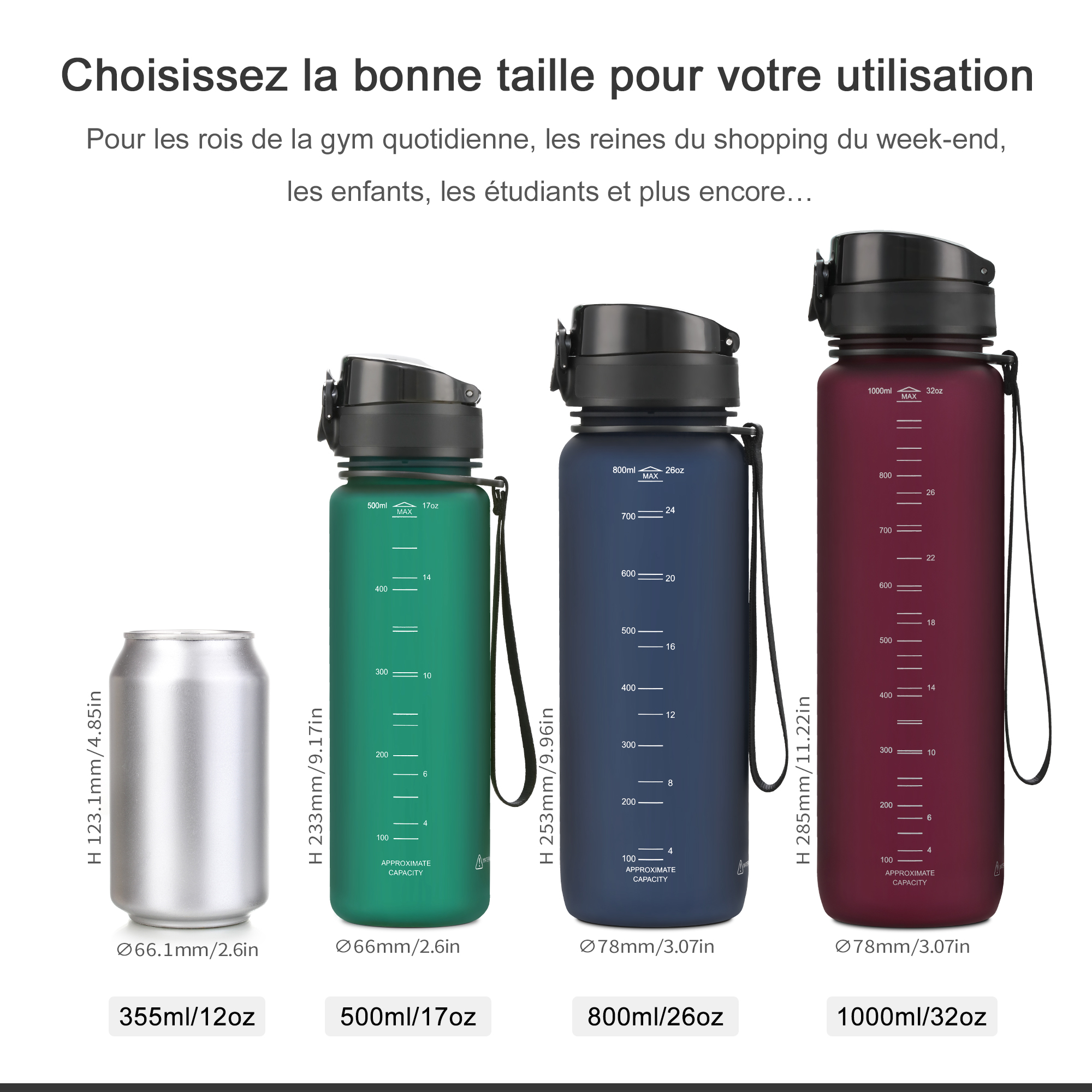 UZSPACE botella de agua botella para agua deportiva portátil a prueba de fugas y a prueba de caídas taza gimnasio escolar hervidor de viaje al aire libre material de protección ambiental Tritan libre de BPA 500/1000 ML