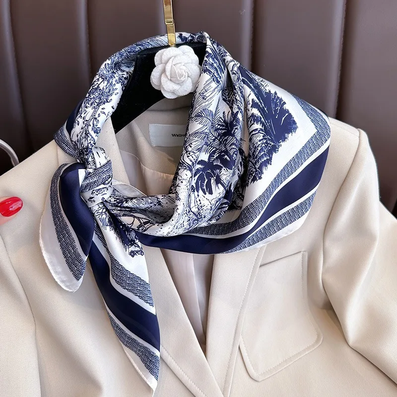 1 szt. 70cm jedwabny szalik z nadrukiem roślinnym damski imitacja jedwabiu eleganckie i wszechstronne nakrycia głowy torba odzież i akcesoria kwadratowy szalik
