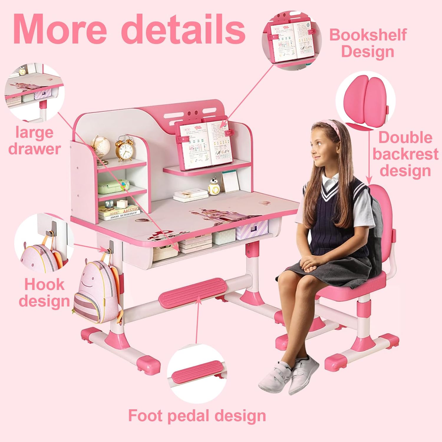 Kids Desk and Chair Set, Height Adjustable Table with Writing Board, Bookshelf, and Drawer, Pink