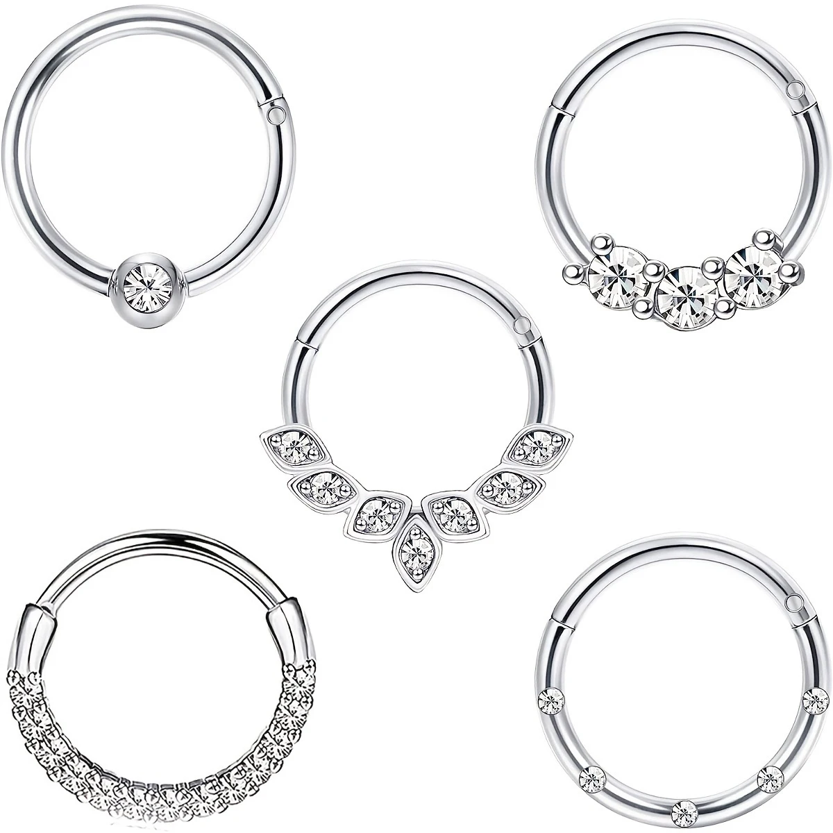 1-5 uds 16G moda 316L Acero inoxidable CZ con bisagras tabique Clicker nariz aro anillos, Daith Helix Tragus cartílago Piercing joyería