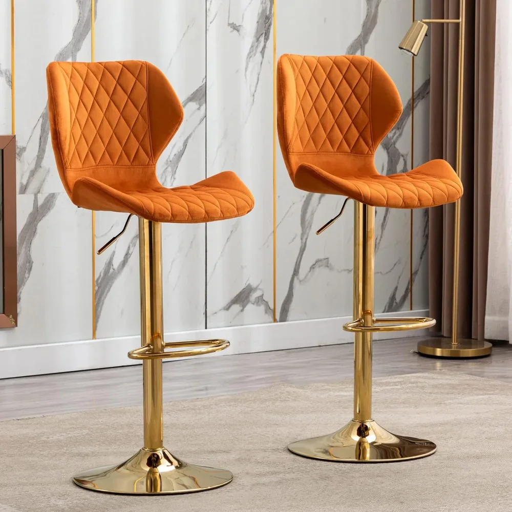 Orange Bar Stools Set of 2 Swivel Counter Height Bar Stools Golden Base Adjustable Velvet Stool Chairs