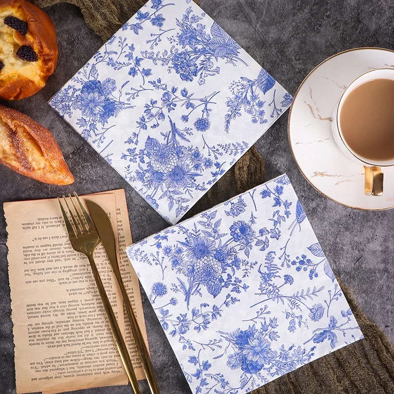 새로운 클래식 블루 Cyanotype 컬러 종이 냅킨 인쇄 냅킨 중국 스타일 버진 목재 펄프 종이 종이 Placemats 20pcs/pac