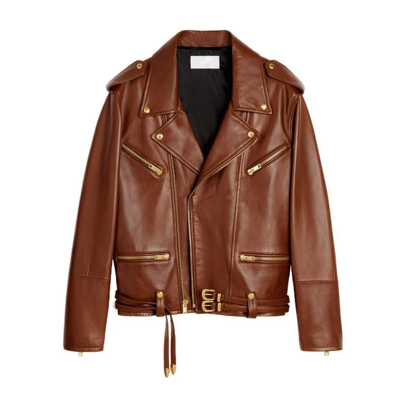 Autumn Winter Leather Coat Motorcycle Style Button Design Sheepskin Jacket  Ladies Oversize Women's Genuine Leather Oversize