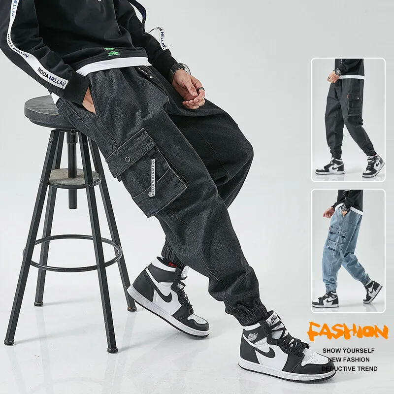 ผู้ชาย Joggers Cargo DENIM กางเกง Baggy Harem ญี่ปุ่น Streetwear สไตล์ชายข้อเท้า Harajuku Casual Hip Hop กางเกงยีนส์กางเกงผู้ชาย