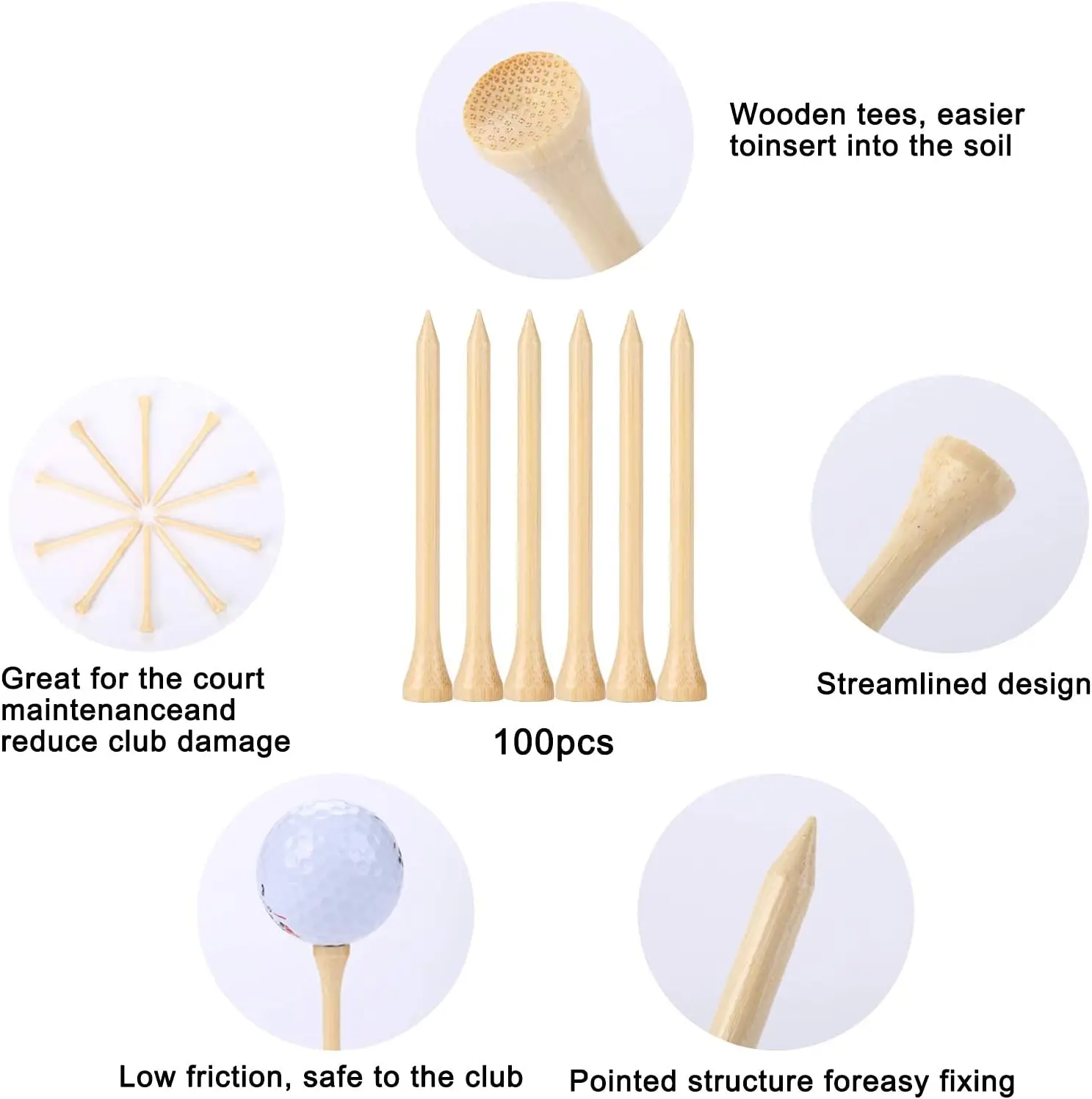 Tees da golf Tees in bambù durevoli 50 pezzi/100 pezzi 100 pezzi 3-1/4 "Materiale biodegradabile amichevole Riduce l'attrito Lato Spin Più stabile