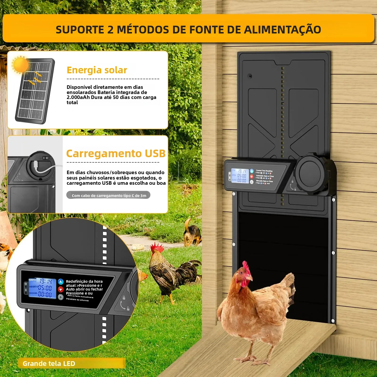 Porta automática de galinheiro movida a energia solar, porta automática de galinheiro com display LCD com temporizador Porta de frango de liga de alumínio com controle remoto
