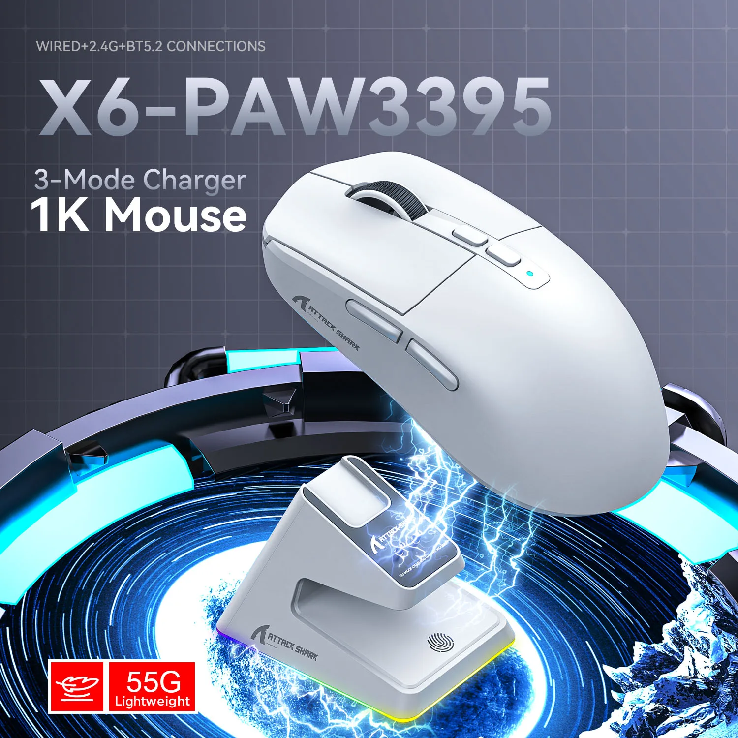 Atak rekina X6 PAW3395 mysz Bluetooth, połączenie Tri-Mode, magnetyczny baza do ładowania RGB, makro mysz do gier