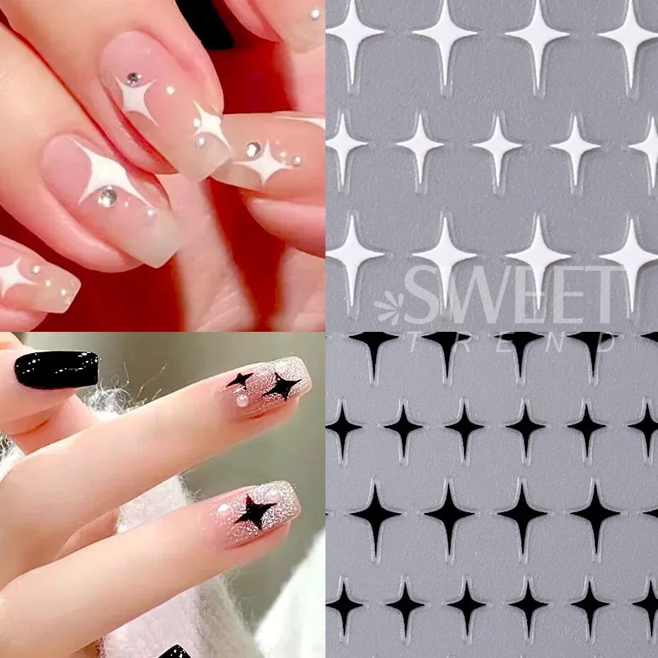 3D Black Sliver Stars Nails Stickers Bronzing Laser White Cross Starlight Glossychic Stylish Y2K Adhesive Manicure Decorations