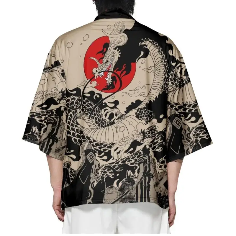 Męskie Plus Size Vintage japońskie kimono płaszcz Anime nadruk ze smokiem styl poliestrowy kardigan unisex Yukata Haori tradycyjne kimono