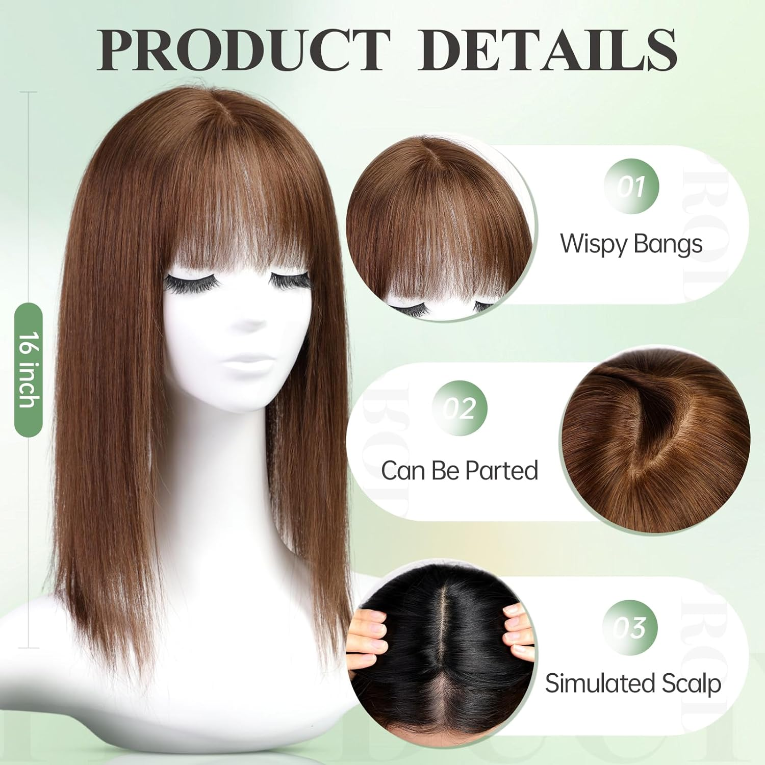9x9 pouces grandes pièces de cheveux de Base brun foncé Toppers de cheveux humains 16 pouces Toppers pour les femmes avec plusieurs Clips antidérapants