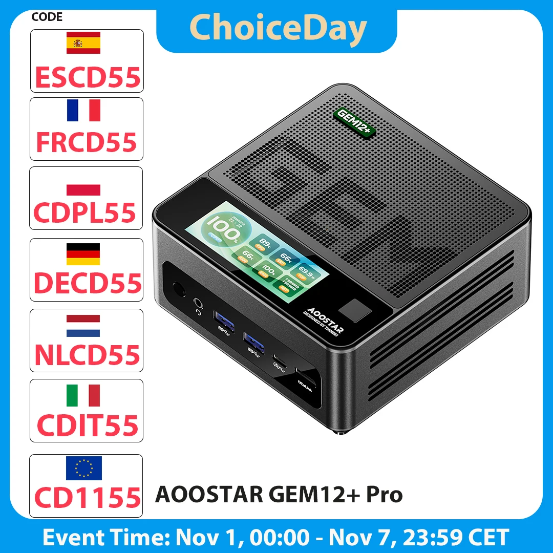 AOOSTAR GEM12 Pro Max mini-pc met display, vingerafdrukontgrendeling, AMD Ryzen 7 8845HS 8 Core Max 5,1 GHz, 32 GB DDR5 RAM 1 TB SSD