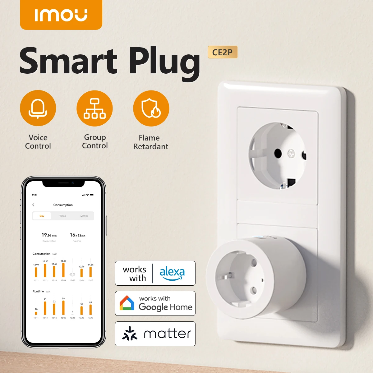 Imou matéria wifi tomada inteligente 16a plugue da ue tomada de eletrodomésticos mini adaptador de tomada inteligente controle app funciona com alexa google casa