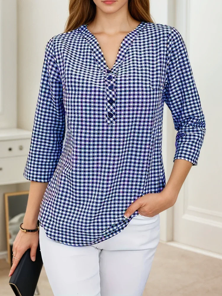 Plus Size Lente Herfst Vrouwen Fijne Plaid Mode Lange Mouw V-hals Blouse Slim Fit Temperament Top Buik Die Kleine Shirts