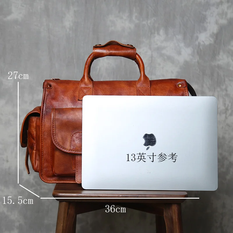 Valigetta in pelle di vacchetta con strato superiore Borsa a tracolla singola da uomo con tracolla Design orizzontale Borsa per computer conciata al vegetale a mano retrò