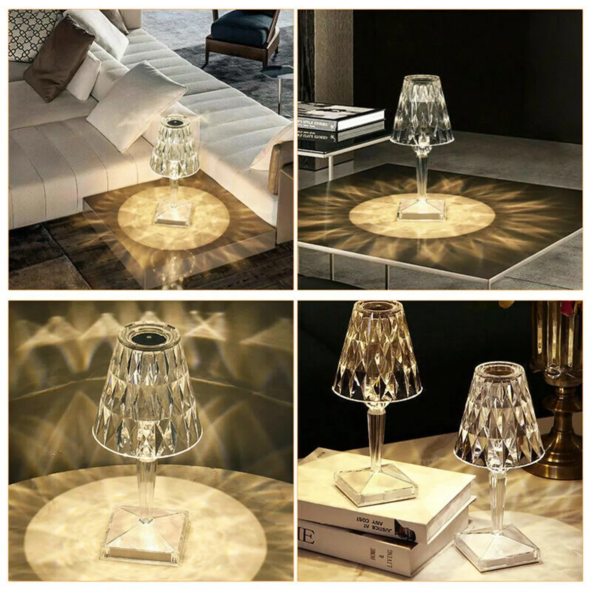 3Colors Diamond Table Lamp Crystal LED Bar Table Lamp Rechargeable Touch Sensor Dimming Bedside Lamps for Bedroom Decor