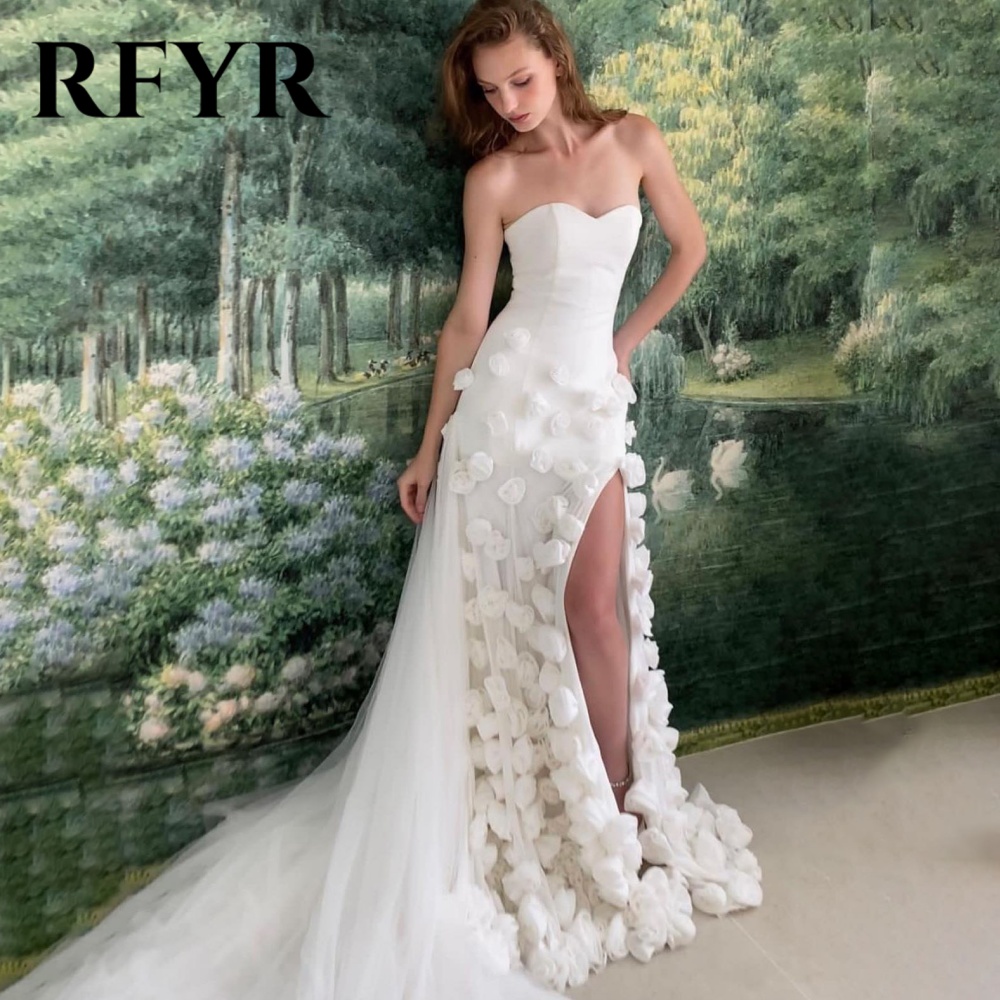 RFYR Pink Mermaid Charming Prom Dress 3D Flower Formal Gown Sleevesless Evening Gown with Side Slit vestidos de noche Customized