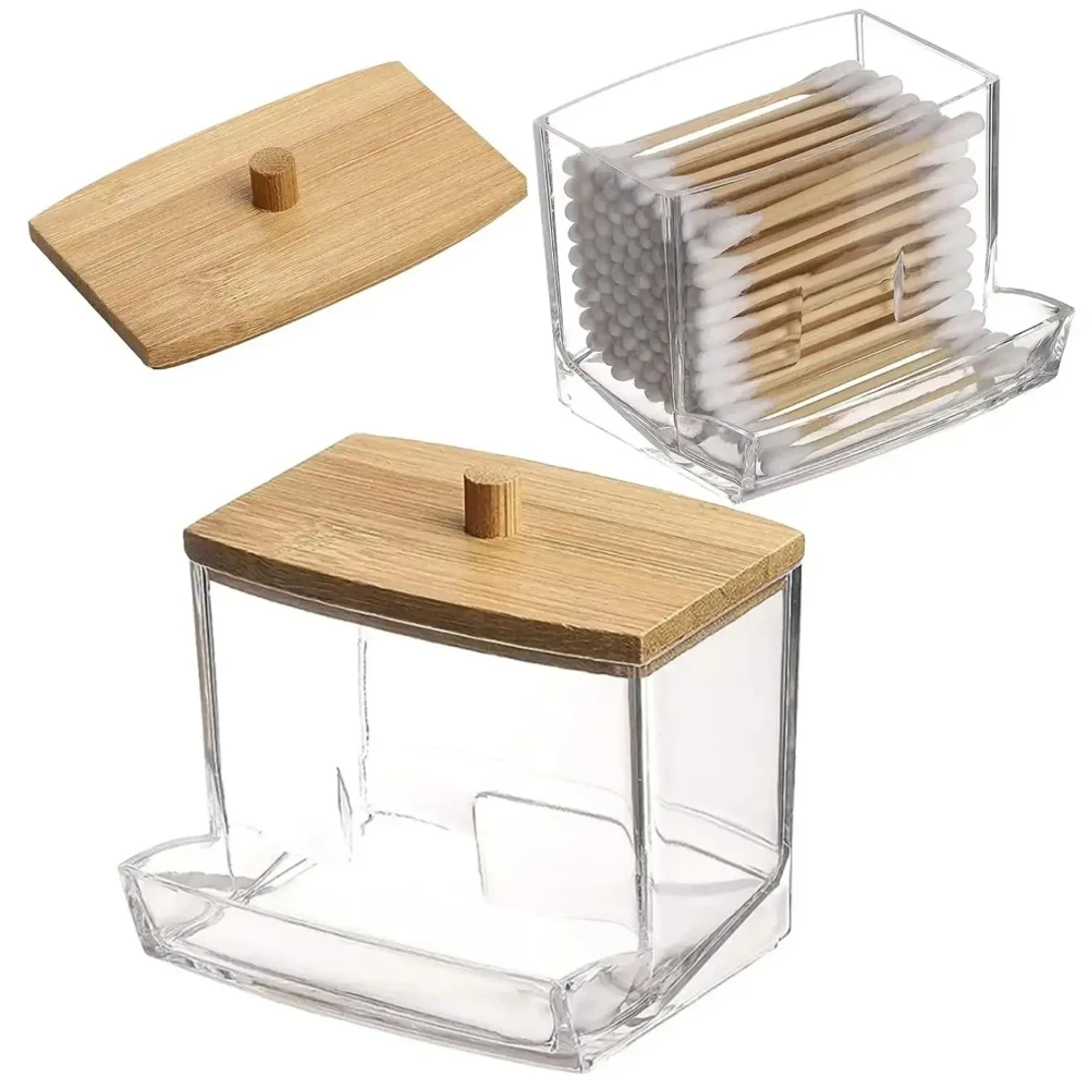 Porta batuffoli di cotone da 1 pezzo, dispenser per batuffoli di cotone con coperchi in bambù, barattoli portaoggetti per bagno in bambù, contenitori in plastica trasparente
