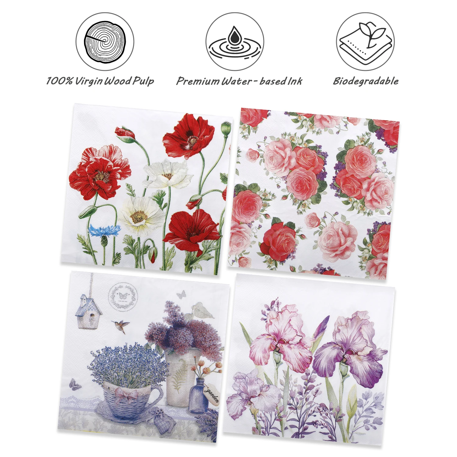 20pcs Assorted Floral Designs with Poppies Lavender Iris Roses Decorative Floral Paper Napkins 33x33cm 3Ply Decoupage Napkins