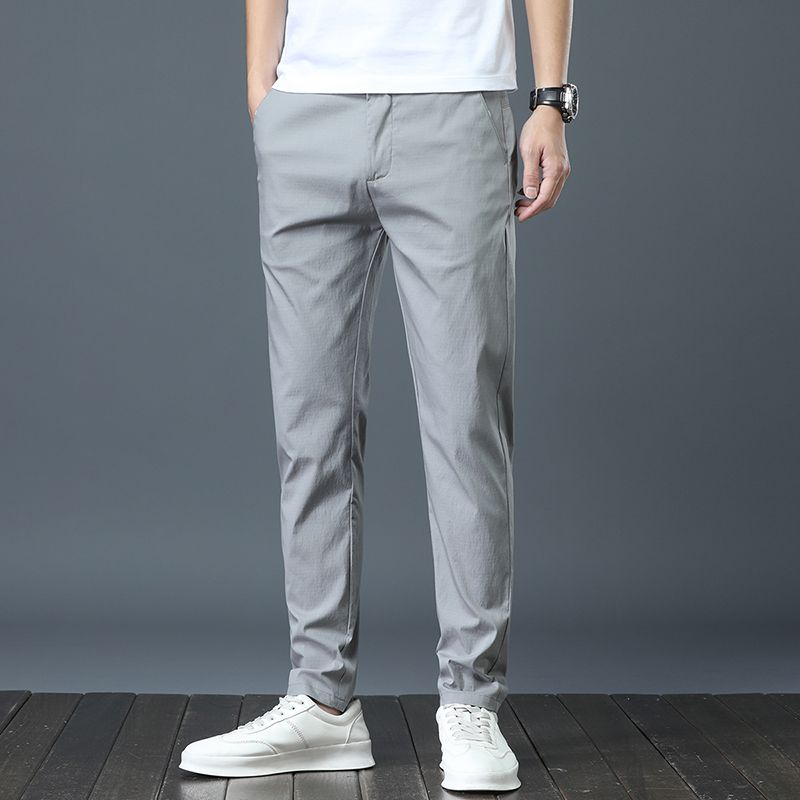 Calça de golfe masculina de seda gelo, calça casual de peso médio, design simples, cáqui, preto, slim, perna reta, stretch, casual