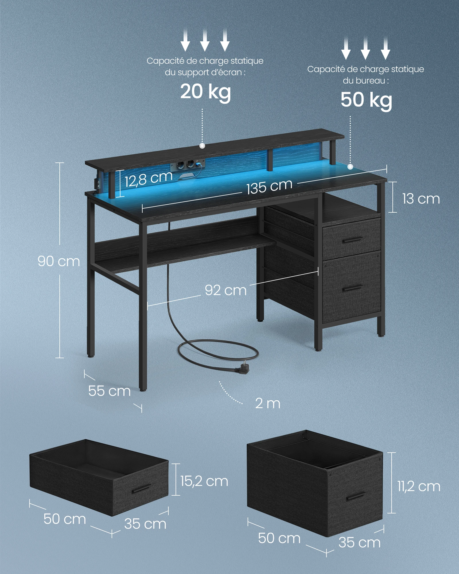 VASAGLE Bureau Gaming avec Lumières LED et Multiprise, Bureau Informatique avec Support d'Écran, Table avec Rangement, 2 Tiroirs en Tissu, 2 Ports USB, pour Bureau