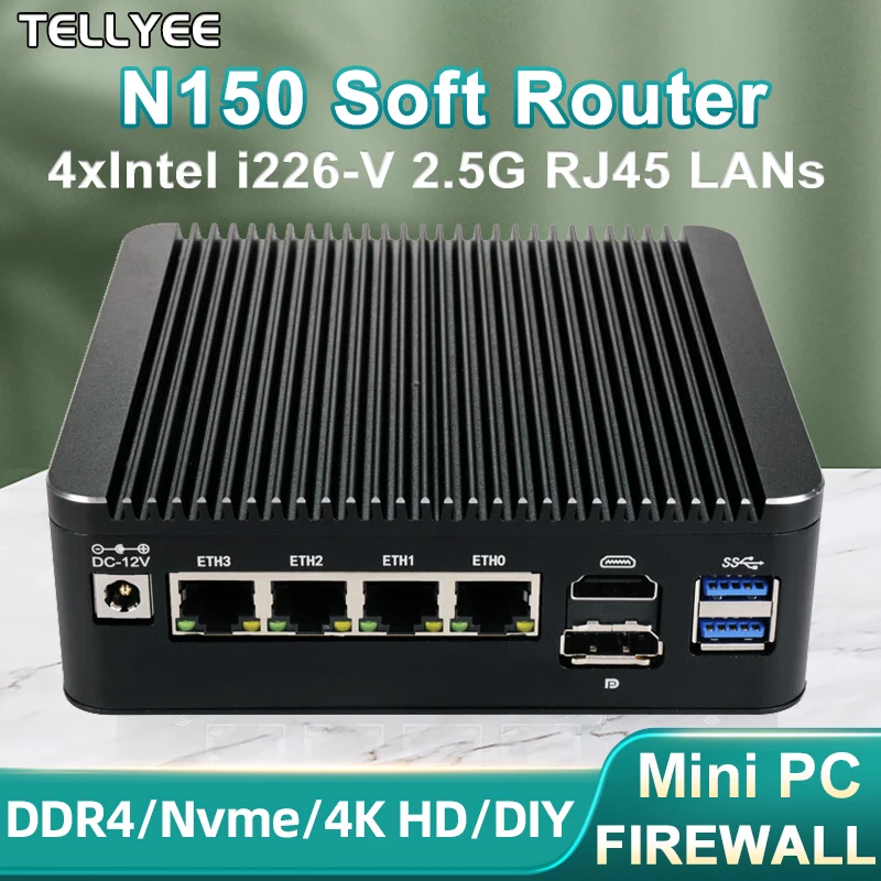 12th Gen Intel N150 2.5G Soft Router 4x i226-V Lans 1*COM RJ45 Fanless Mini PC HD DP USB-C pfSense Firewall Appliance PVE ESXi