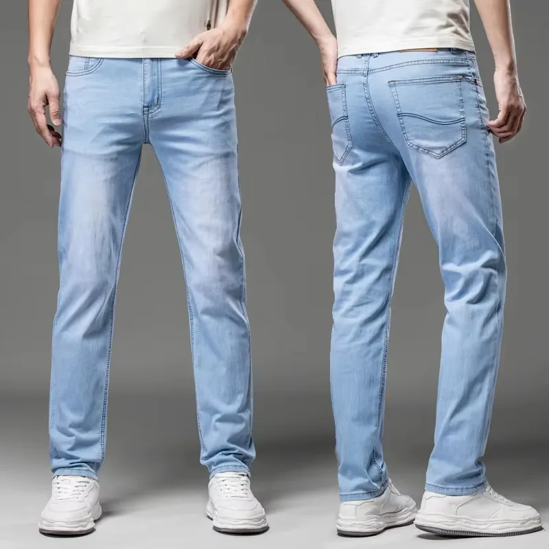 2025 primavera verão calças de brim finas estilo clássico moda estiramento regular ajuste calças jeans masculino marca lavado azul claro