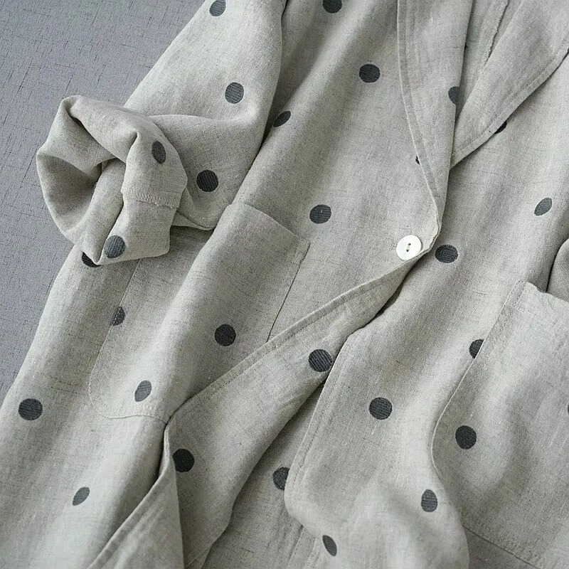 Jaqueta feminina de algodão e linho de bolinhas, manga comprida, cardigã solto, peito único, camisa de grandes dimensões, outwears coreanos, outono