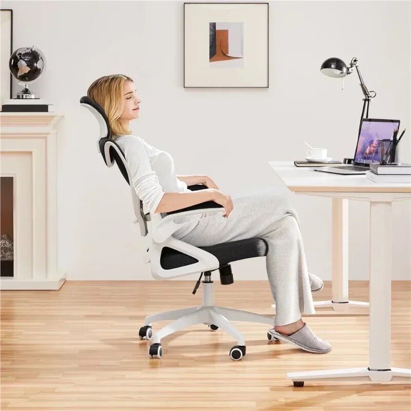 High Back Ergonomic Mesh Office Chair with Adjustable Padded Headrest, White/Black  Furniture