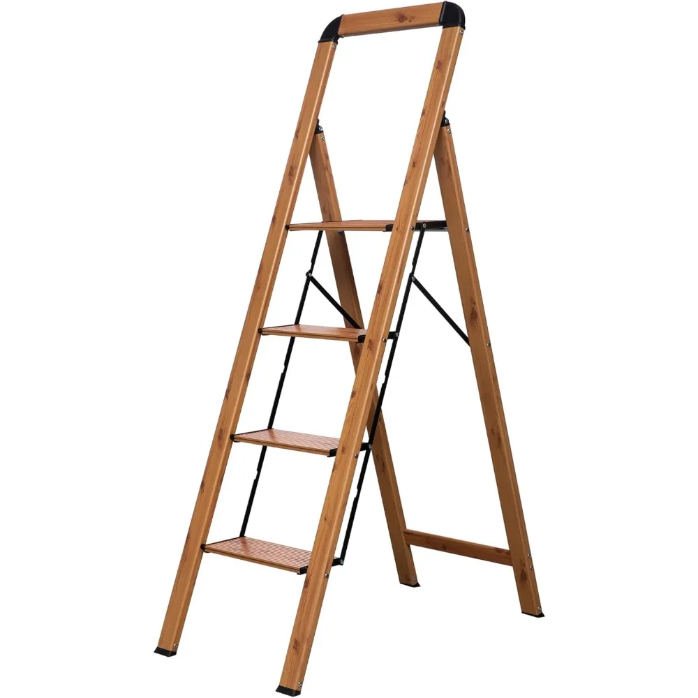 Ladders 4-Step Woodgrain Finish Aluminum Folding Step Stool Wide Pedal, Anti-Slip Portable Sturdy for Home & Kitchen Office