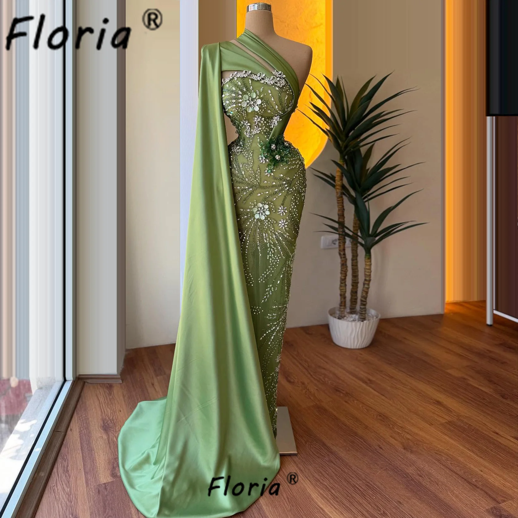 Luxus Arabisch Perlen Meerjungfrau Abendkleid Grüne Blume Applikationen Spitze 3D Party Kleider Lange Schal Angepasst Gala Promi