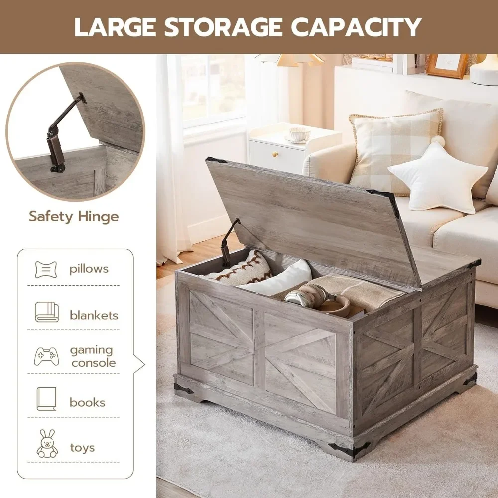 Mesa de centro Greige Farmhouse, mesa de centro quadrada grande para sala de estar, mesa de centro elevatória quadrada, madeira Greige